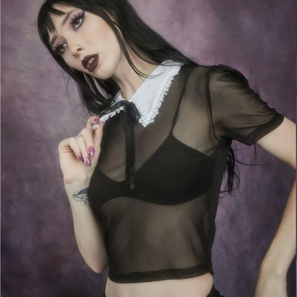 Dollskill Widow Terror After Tea Time Collared Mesh Crop Top Black and White NWT - Picture 2 of 8